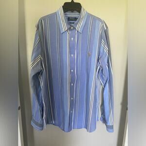 Men’s button-down Polo, Ralph Lauren Oxford blue striped shirt. XL